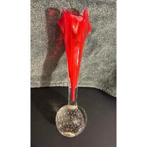 Tall Floral Red Swung Vase with Controlled Bubble Base 1960s MCM Decor